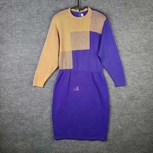 VTG St. John by Marie Gray Sweater Dress Size 12 USA Purple Tan Colorblock Knit
